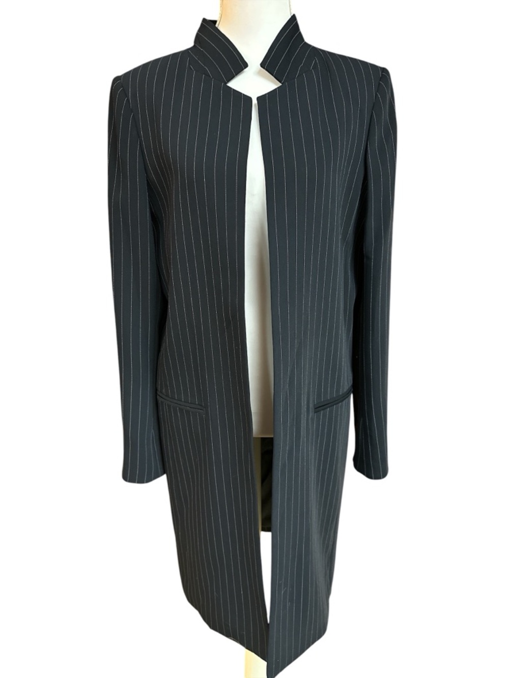 Calvin Klein Black White Pinstripes Longline Open-front Dressy Casual Blazer S8 - Picture 2 of 8
